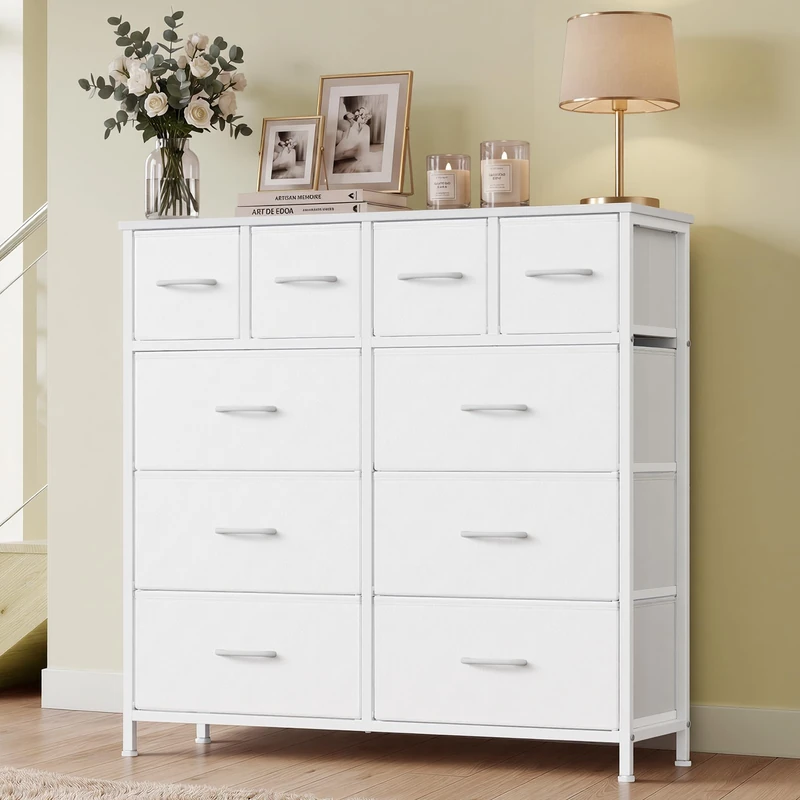 SONGMICS Chest of Drawers, 10 Fabric Drawers Storage Unit, Wooden Top, Steel Frame, 98.7 x 30 x 96.2 cm, for Bedroom, Closet, Hallway, Living Room, Cloud White LGS236W101 - Image 1