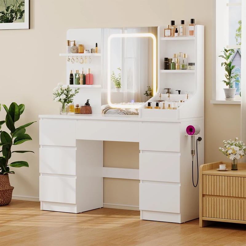 JUMMICO Dressing Table with Mirror and Power Strip,Adjustable Brightness