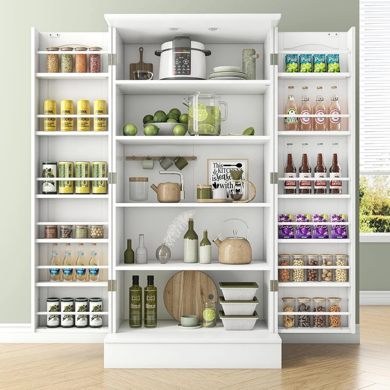 Feonase Kitchen Cupboard, 47” Pantry Organiser and Storage, Freestanding Pantry Cabinet with Doors and Adjustable Shelves, 60cmX40cmX120cm Ideal for Kitchen, Living Room and Dining Room