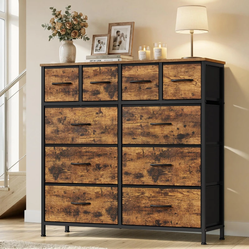 SONGMICS Chest of Drawers, 10 Fabric Drawers Storage Unit, Wooden Top, Steel Frame, 98.7 x 30 x 96.2 cm, for Bedroom, Closet, Hallway, Living Room, Rustic Brown LGS236K101 - Image 1