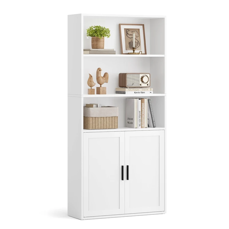 VASAGLE Bookcase, 5-Tier Tall Bookshelf, Book Shelf with Door, Shelving Unit, 24 x 60 x 145.9 cm, for Living Room, Home Office, Dinning Room, Cloud White LBC502WB01