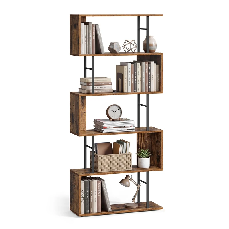VASAGLE 6-Tier Bookshelf, S-Shaped Bookcase, Freestanding Display Shelf, Storage Rack for Living Room, Office, 60 x 24 x 159 cm, Rustic Brown and Matte Black, BARNET Collection LLS182KD01