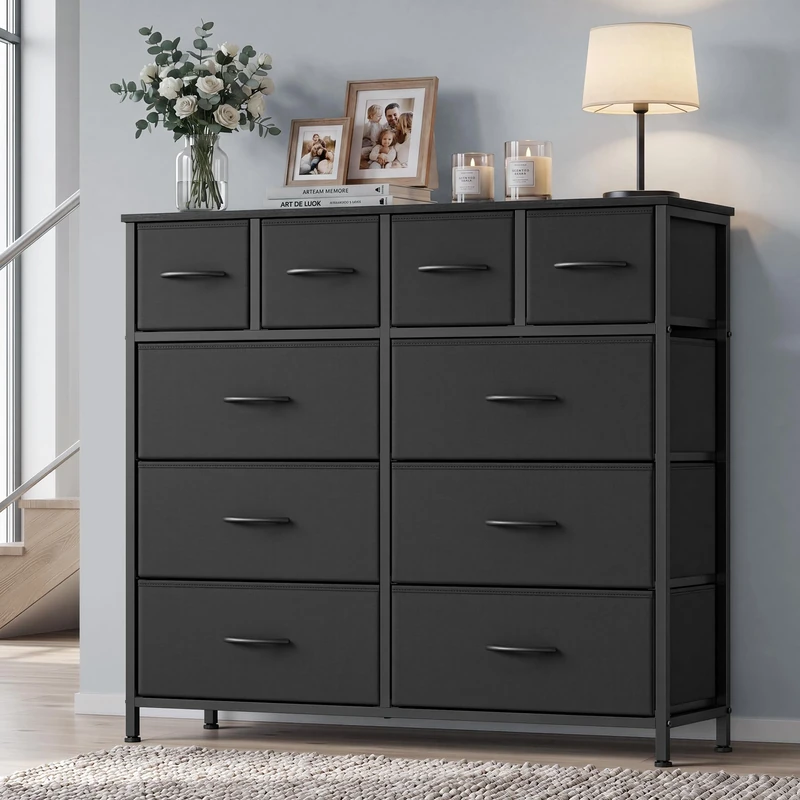 SONGMICS Chest of Drawers, 10 Fabric Drawers Storage Unit, Wooden Top, Steel Frame, 98.7 x 30 x 96.2 cm, for Bedroom, Closet, Hallway, Living Room, Ink Black LGS236B101 - Image 1