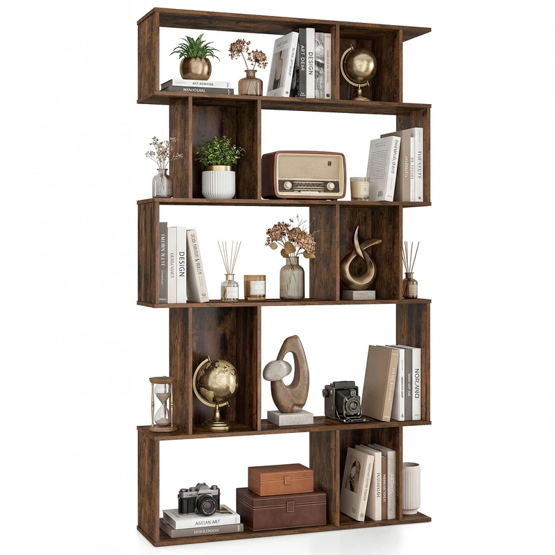 CASART 5/6 Tier Wooden Bookcase (Rustic Brown, 90x22x158cm)