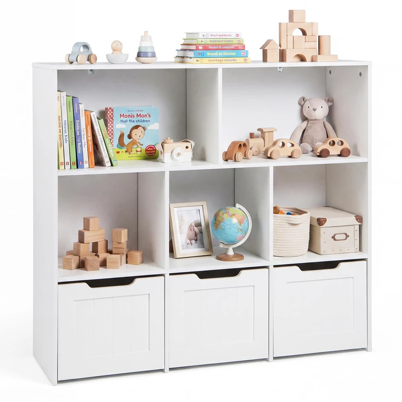 GYMAX Kids Bookcase with 3 Movable Drawers and 5 Open Cubes (White)