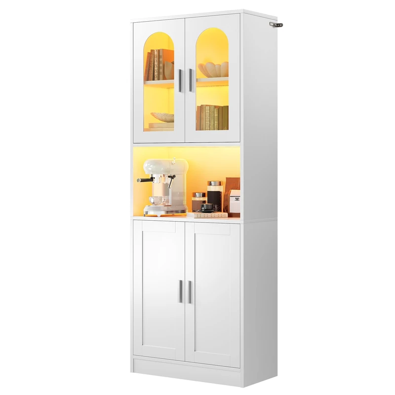 YITAHOME Tall Kitchen Cupboard, Kitchen Cabinet with Glass Doors & LED Lighting, Pantry Cupboard with Microwave Stand, Open Shelf & Adjustable Shelves, Kitchen Storage Cabinet Unit for Living Room