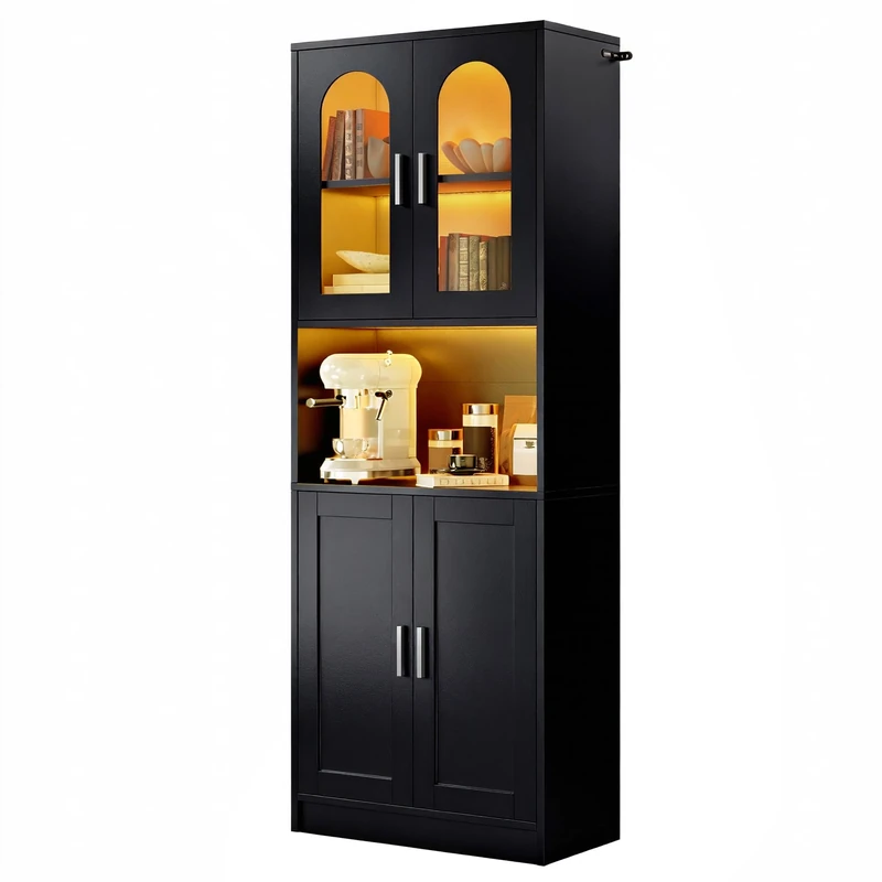 YITAHOME Tall Kitchen Cupboard, Kitchen Cabinet with Glass Doors & LED Lighting, Pantry Cupboard with Microwave Stand, Open Shelf & Adjustable Shelves, Kitchen Storage Cabinet Unit for Living Room - Image 1