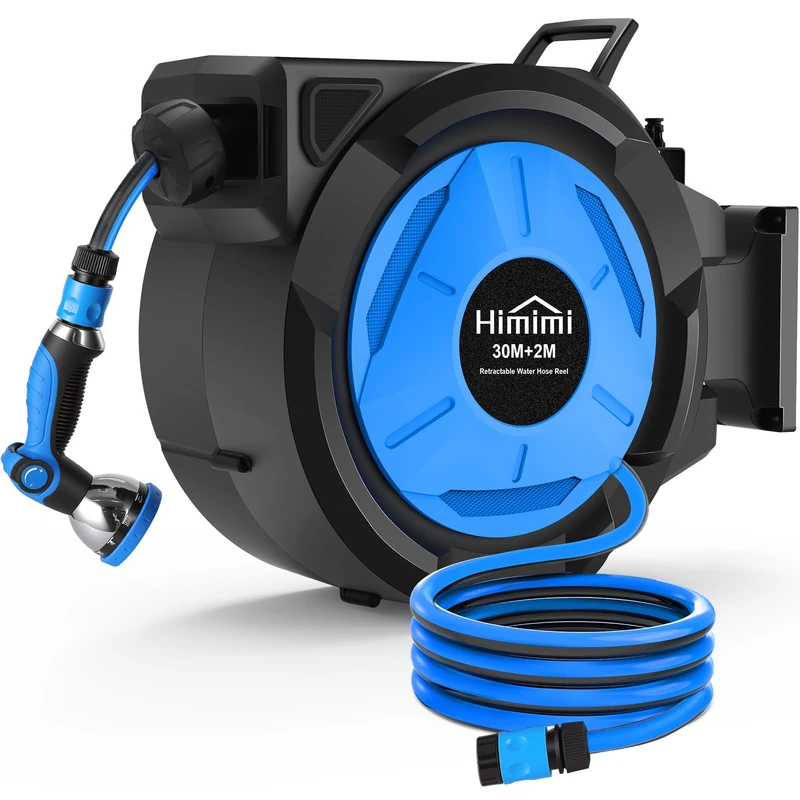 Retractable Garden Hose Reel 30m+2m Wall Mounted Hose Pipe Reel Slow Auto Rewind Any-Length Lock 180° Swivel Heavy Duty 3-Layer Hose Weather Resistant 10-Pattern Spray Nozzle Garden Patio Car Wash