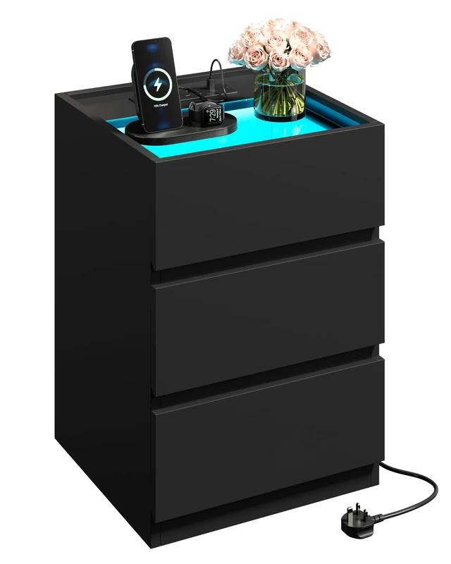 IRONCK Bedside Table Glass Top Bedside Cabinet with LED & Charging Station - Image 1