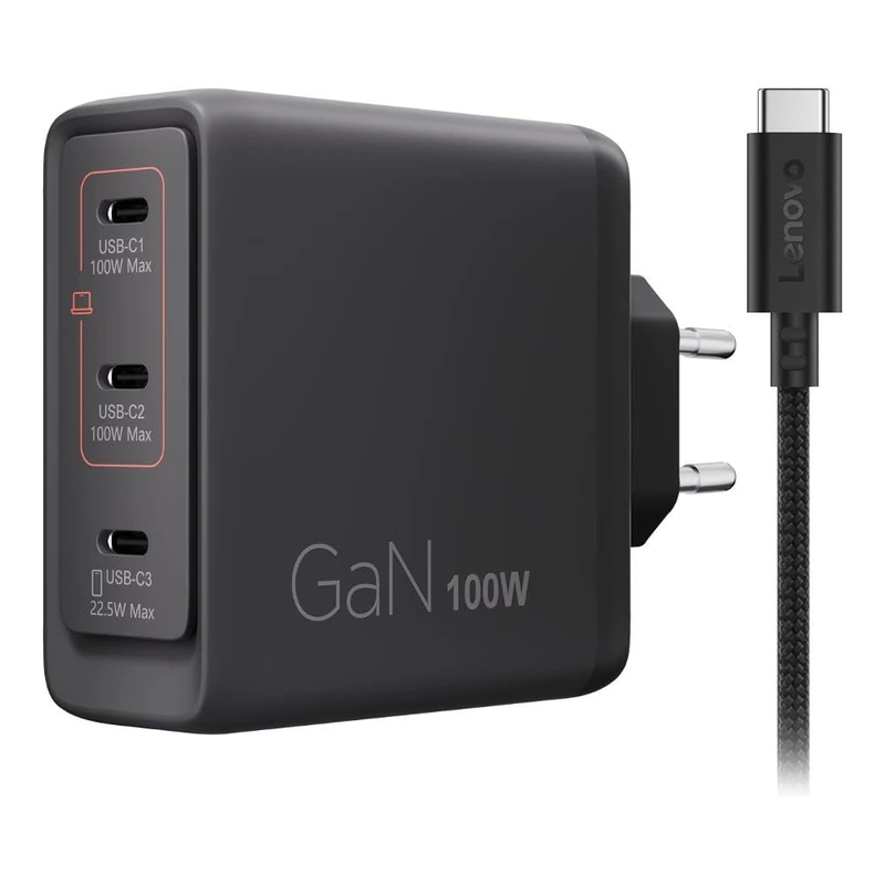 Lenovo Multi-port USB-C 100W GaN Charger with 3 USB-C Ports and Up to 100W or 65W+20W+10W Output for Notebook and Mobile Devices