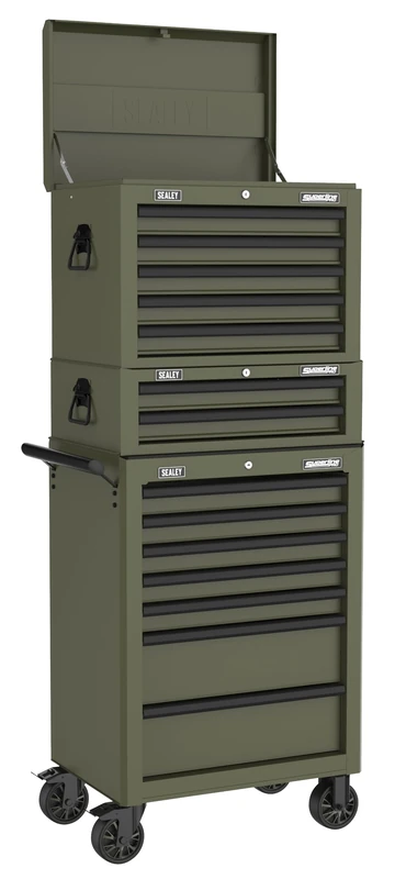 Sealey Superline PRO® Topchest, Mid-Box & Rollcab Combination/Tool Chest on Wheels, 14 Drawer with Ball-Bearing Slides - Khaki - APSTACKTK