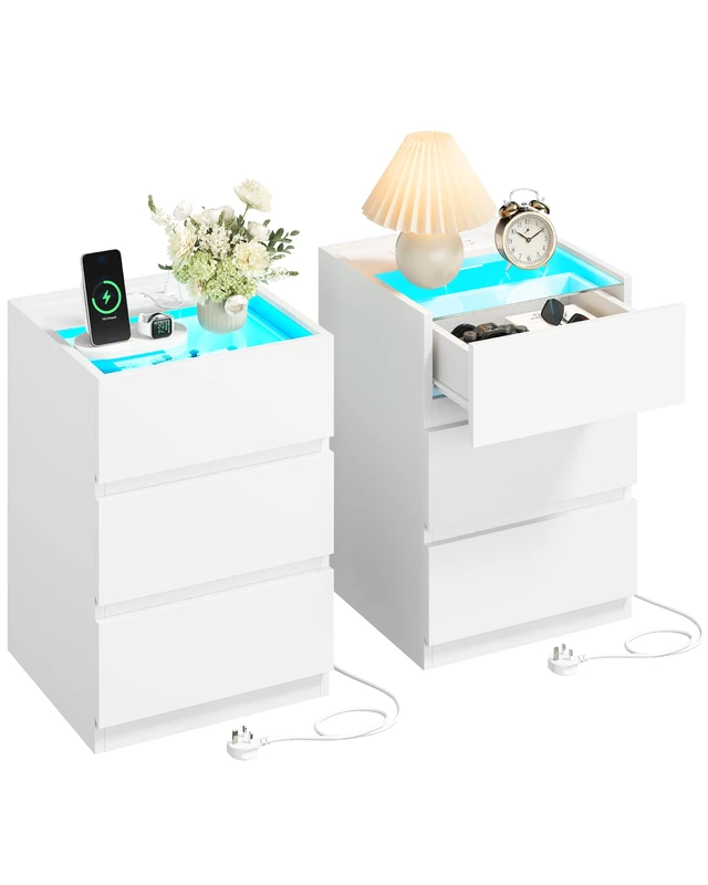 IRONCK Bedside Table Glass Top Bedside Cabinet with LED & Charging Station - Image 1