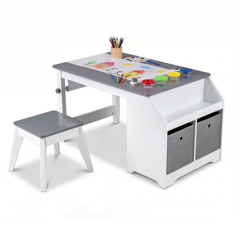 GYMAX Kids Table and Chair Set, Wooden Children Art Table