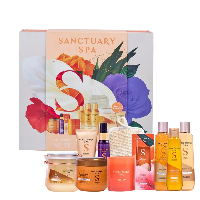 Sanctuary Spa Total Spa Collection Gift Set for Women, 10-Piece Bath & Body Gift Set with Sleep Mist, Body Wash, Body Butter, Scrub, Shower Oil, Hand Cream & Candle