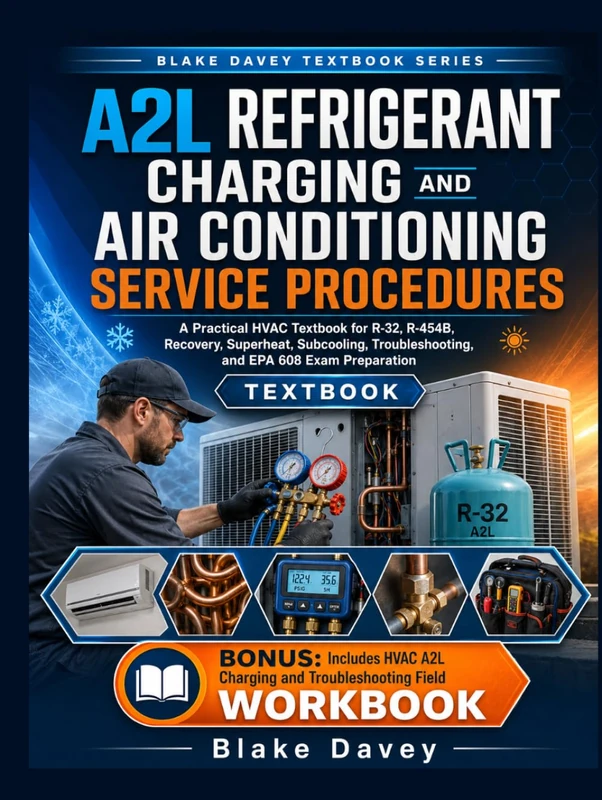 A2L REFRIGERANT CHARGING AND AIR CONDITIONING SERVICE PROCEDURES: A Practical HVAC Textbook for R-32, R-454B, Recovery, Superheat, Subcooling, Troubleshooting, and EPA 608 Exam Preparation - Image 1