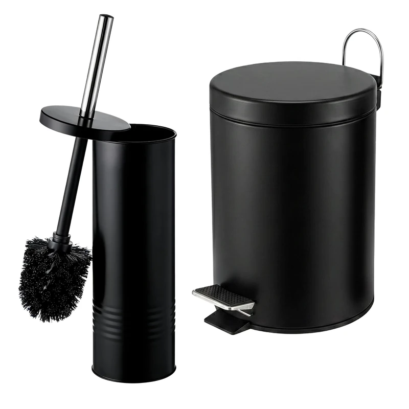 Relaxdays Bathroom Set, 2-piece, toilet brush, waste bin, 5 l, black