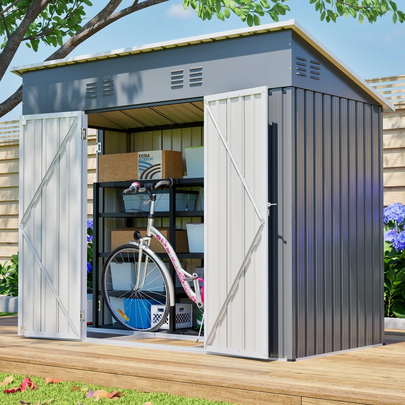 Ball & Cast 8x4ft Metal Garden Shed Pent Roof, Bike Sheds and Outdoor Storage 242×121×192 cm, Weatherproof Garden Storage Shed with Triple Lockable Door for Garden, Patio, Courtyard, Backyard, Gray