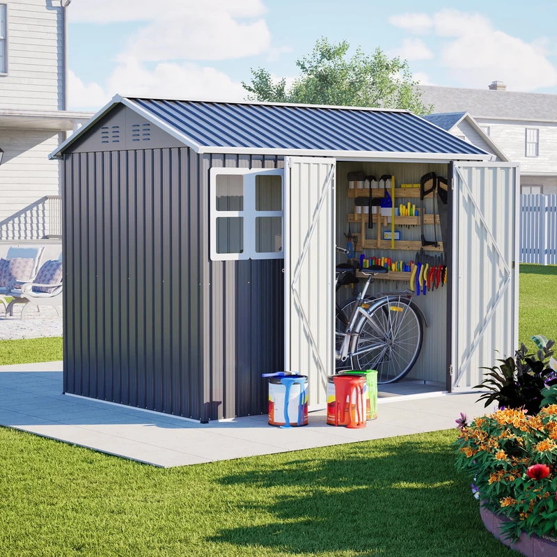 Ball & Cast 8x6ft Metal Garden Shed with Gable Roof, 4 Vents & Lockable Door, Anti-Rust Waterproof Outdoor Bike Shed, Spacious Storage House for Backyard, Patio, Lawn, Tools, Bicycles, Gray
