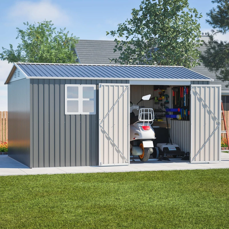 Ball & Cast 12x10 FT Heavy Duty Storage Shed, Outdoor Metal Garden Tool Shed with Windows & Lock, Waterproof UV Protection, 4 Air Vents, Floor Frame Included – Large Patio Shed for Bike, Toolbox, Gray