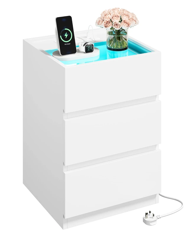 IRONCK Bedside Table Glass Top Bedside Cabinet with LED & Charging Station - Image 1