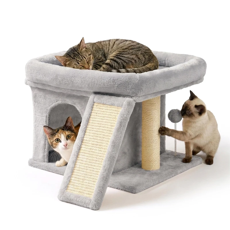 Relaxdays Cat Tree, with cave, scratching board & resting area, light grey