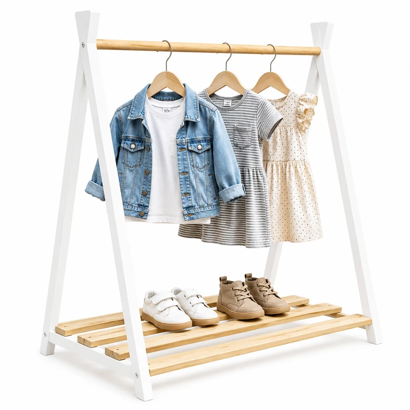 Relaxdays Kids' Clothes Rack, Pine, Rail & Shelf, H x W x D: 111.5 x 112 x 48 cm, Children's Room, Natural/White