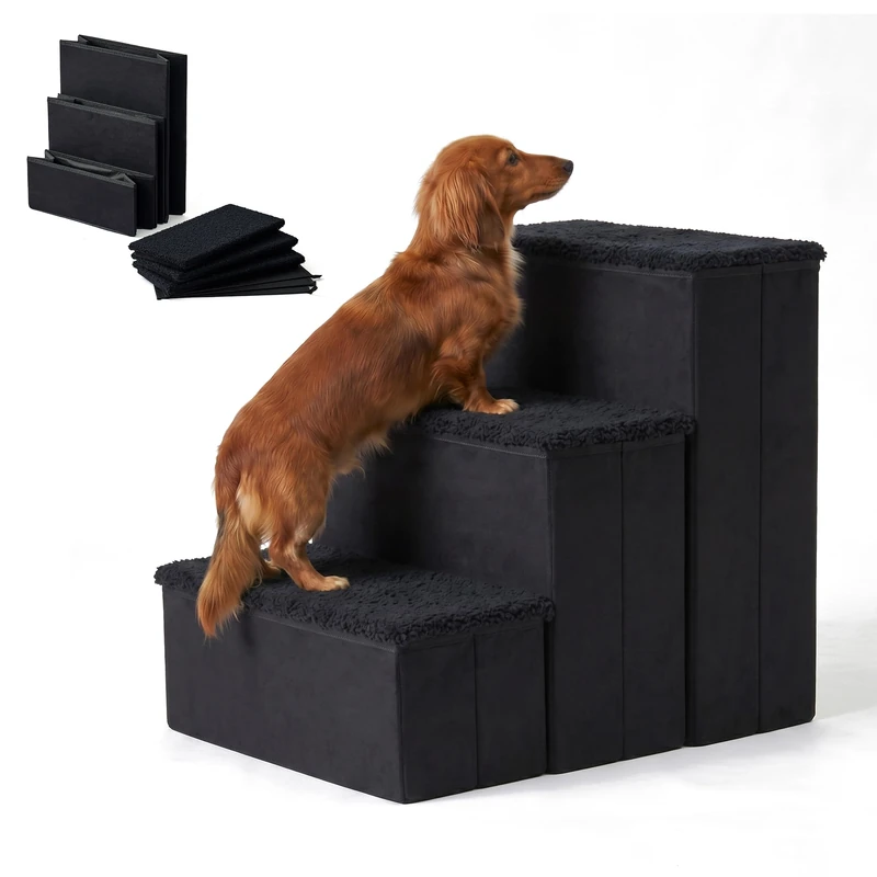 Relaxdays Dog Stairs, 3 steps, storage space, HxWxD: 48 x 40 x 54 cm, black