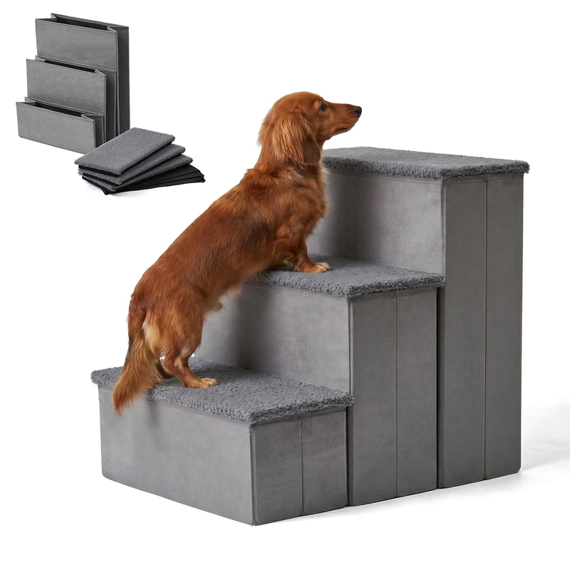 Relaxdays dog steps, 3 steps, storage space, HxWxD: 48 x 40 x 54 cm, grey