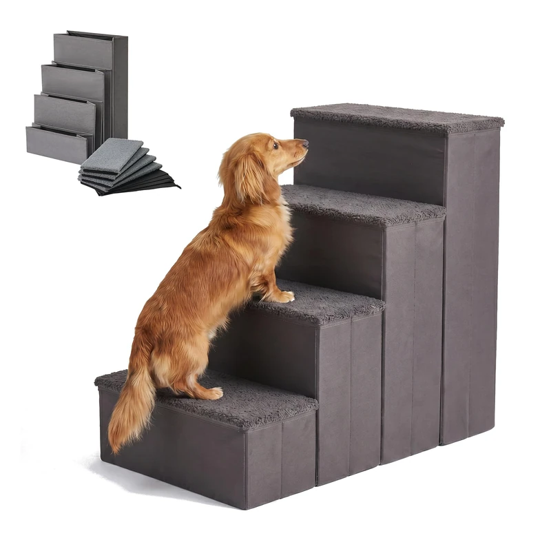 Relaxdays Dog Stairs, 4 steps, storage space, HxWxD: 65 x 40 x 70 cm, grey