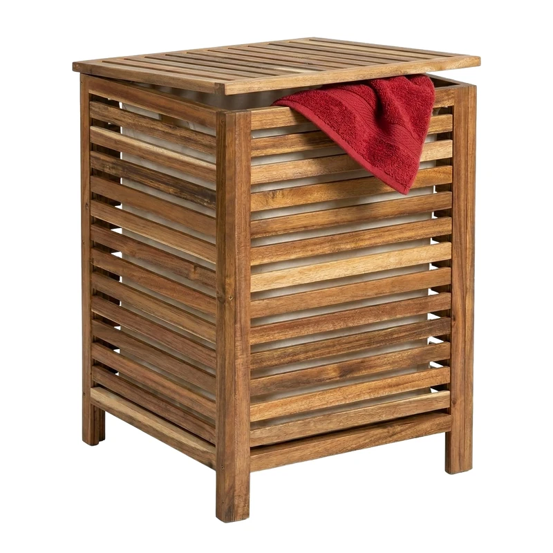 Relaxdays laundry hamper, removable bag, 80 l, H x W x D: 65.5 x 45 x 45 cm, with lid, acacia wood, brown/white - Image 1