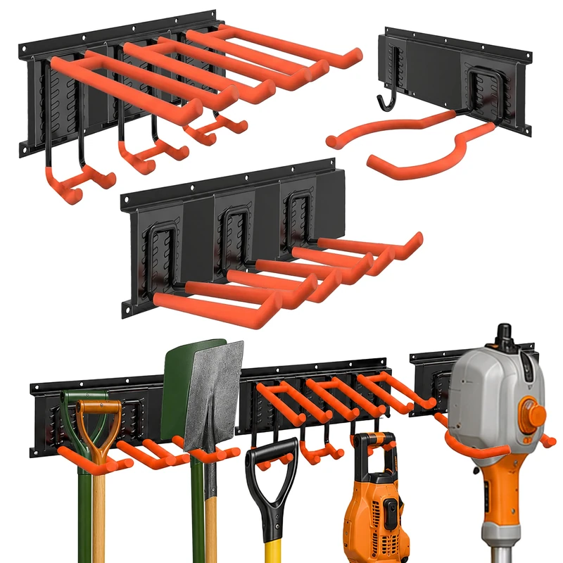 Relaxdays wall Hooks, 3 Rails, 8 Hooks, Garage, Workshop, Black/Orange