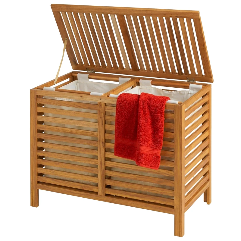 Relaxdays Laundry Bin, 2 Compartments, 150 L, Removable Laundry Bags, HWD: 67.5 x 89 x 46.5 cm, Natural Walnut
