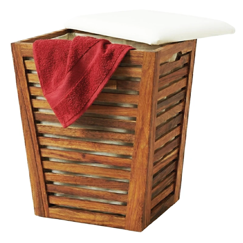 Relaxdays laundry hamper with seat & storage bench, 50L, brown/white