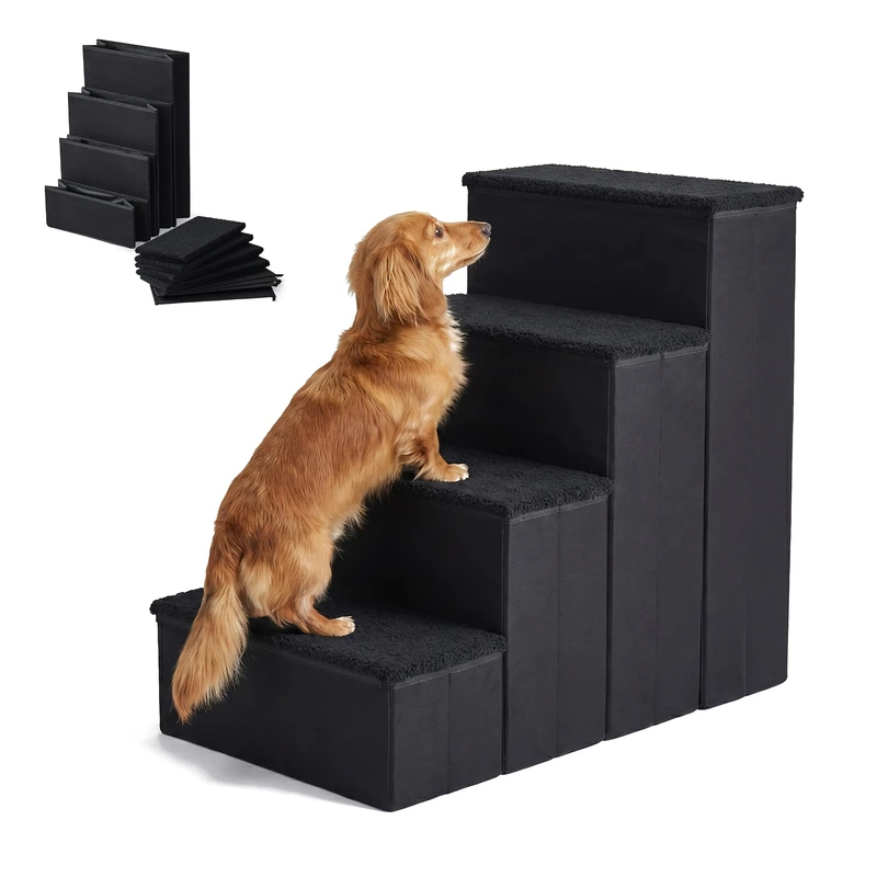 Relaxdays Dog Stairs, 4 steps, storage space, HxWxD: 65 x 40 x 70 cm, black