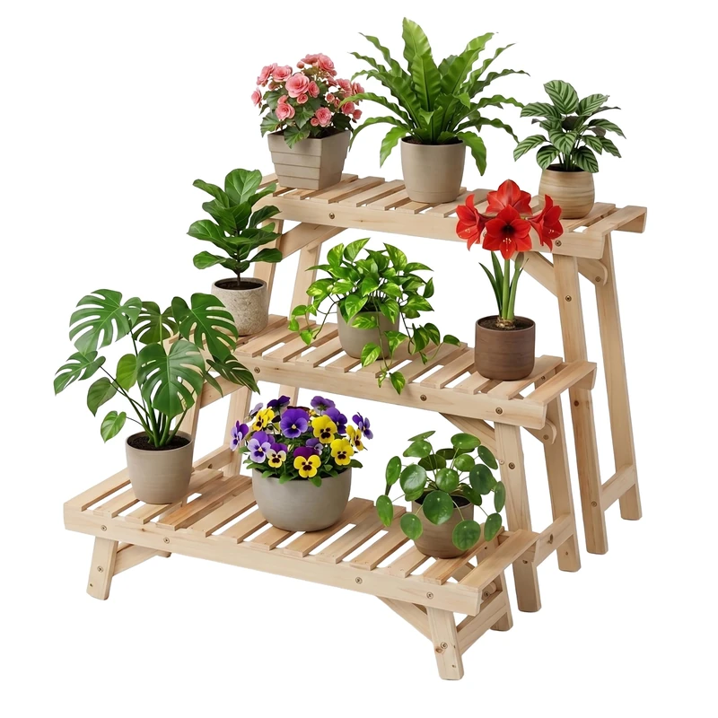 Relaxdays Flower Stand, 3-piece set, height: 19.5 / 33 / 49 cm, natural