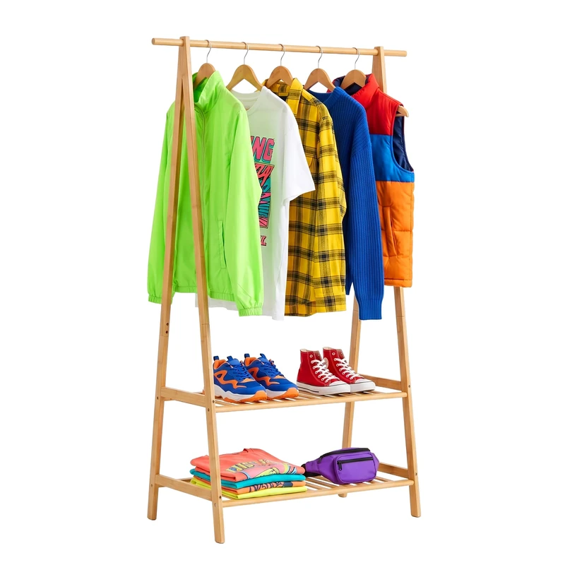 Relaxdays clothes rack, bamboo, 2 shelves, clothes rail, natural