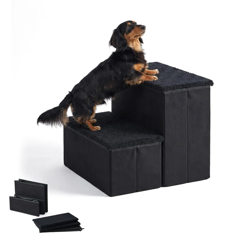 Relaxdays Dog Stairs, 2 steps, storage space, HxWxD: 32 x 40 x 35 cm, black