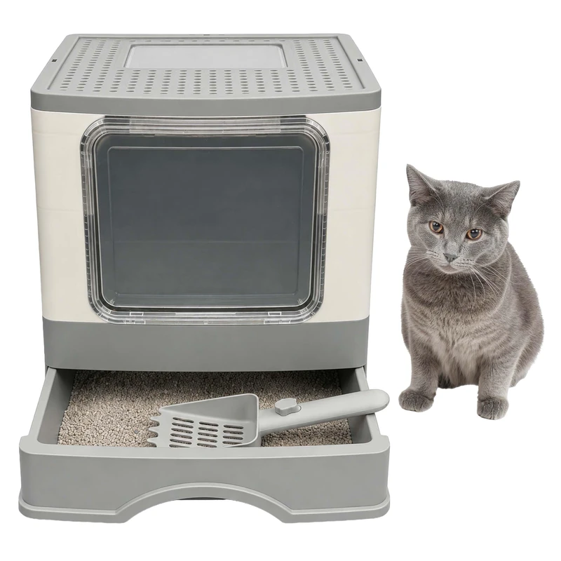Relaxdays Cat Litter Tray with Drawer, Enclosed with Lid & Scoop, HWD: 36 x 36 x 50 cm, white/grey - Image 1