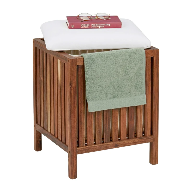 Relaxdays laundry hamper with seat, bathroom bench with storage, 50 L, HxWxD 50x40x40 cm, acacia/fabric, brown/white