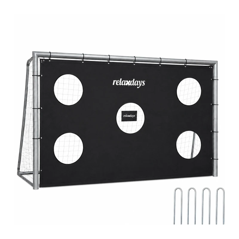 Relaxdays football goal with target wall, H x W x D: 160 x 240 x 90 cm, PE net & steel, ground pegs, grey