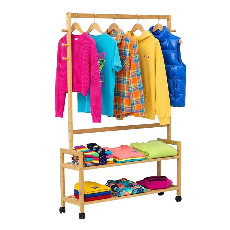 Relaxdays clothes rack with castors, bamboo, 2 shelves, 6 hooks, natural