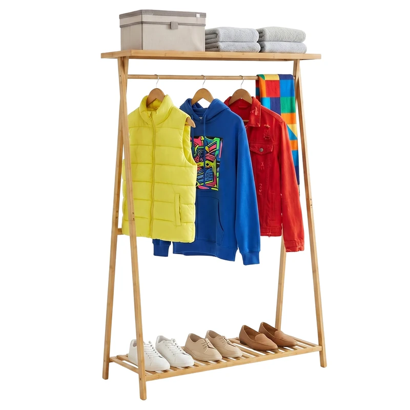 Relaxdays clothes rack, bamboo, 2 shelves, clothes rail, natural