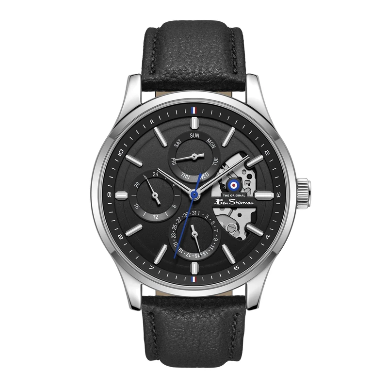 Ben Sherman St Albans Black Dial Black Genuine Leather Strap Quartz Multifunction Watch for Men, Mineral Glass, 3 ATM, 43.5mm Case