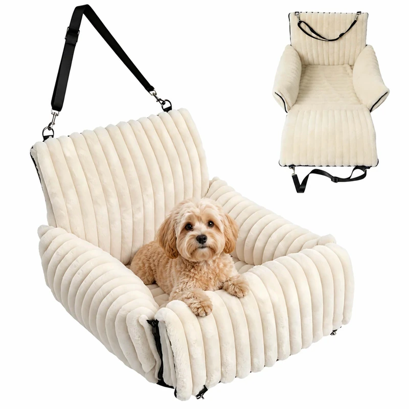 Relaxdays dog car seat, for dogs up to 8 kg, faux fur, washable, beige