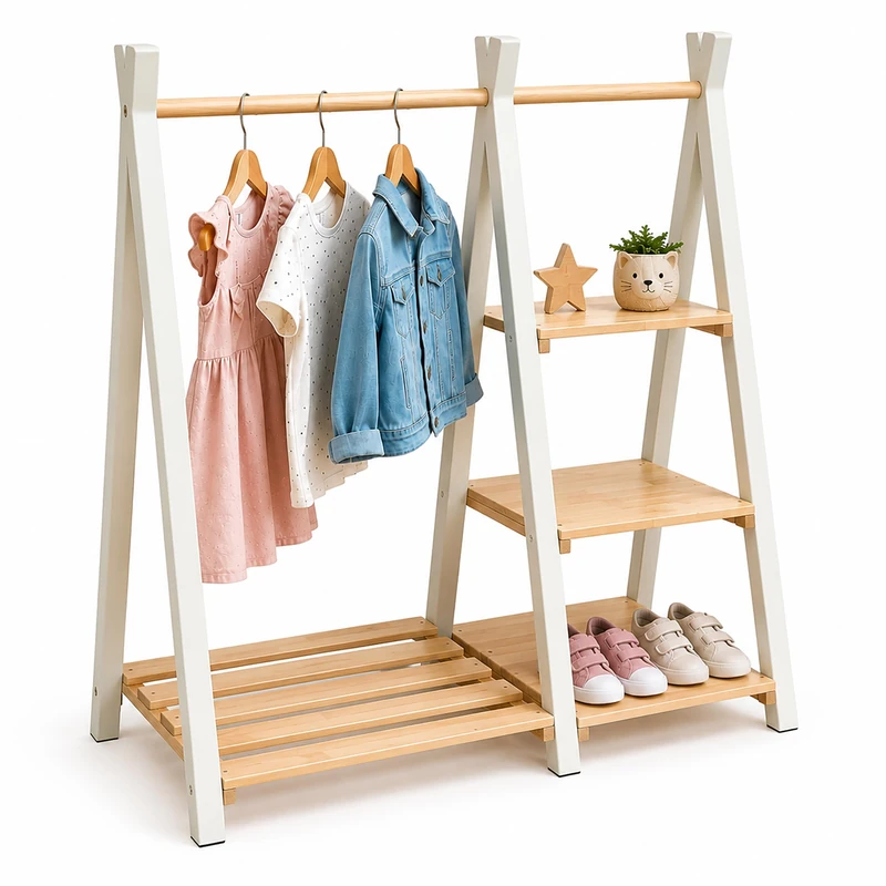 Relaxdays Kids Clothes Rail with Shelf, Pine Wood, HxWxD: 111.5 x 112 x 48 cm, Children's Room, Natural/White