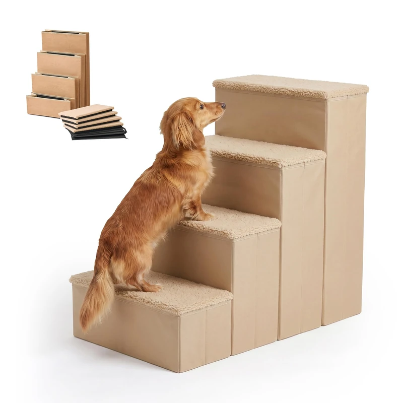 Relaxdays Dog Stairs, 4 steps, storage space, HxWxD: 65 x 40 x 70 cm, beige