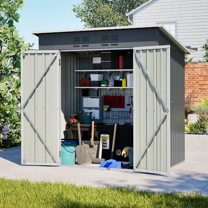 Ball & Cast Garden Sheds 6x4ft, Metal Shed Bike Tool Shed, Sheds and Outdoor Storage with Lockable Doors & Slooping for Backyard, Patio, Poolside,Brown, Gray - Image 1