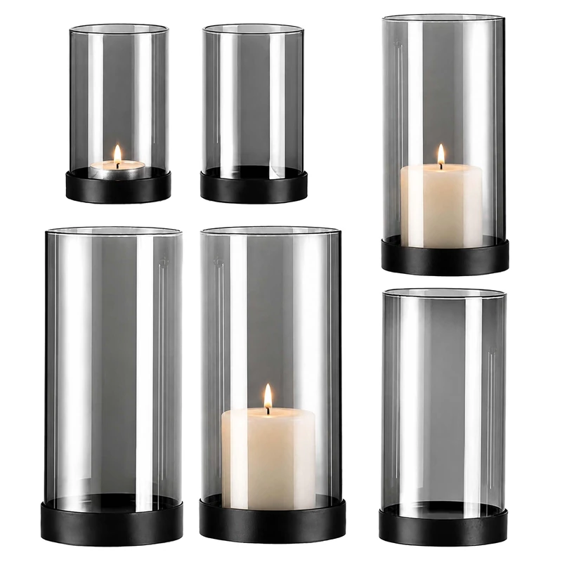 Relaxdays Lantern Set of 6, smoked glass with metal base, grey/black