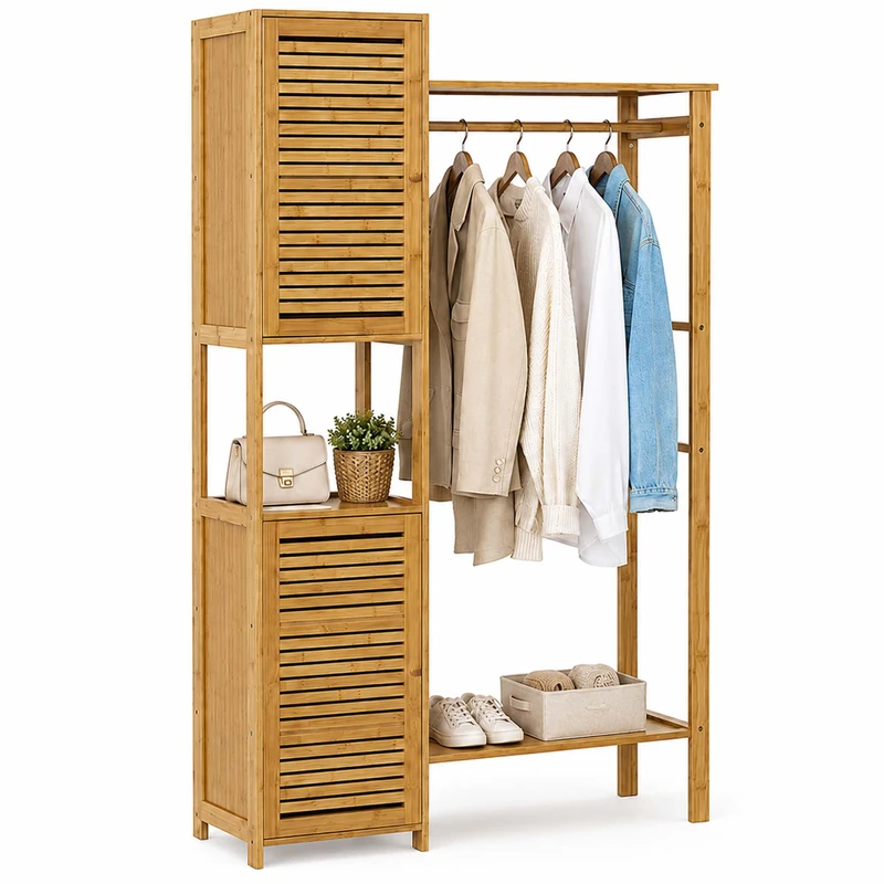Relaxdays clothes rack, bamboo, 2 cupboard compartments, rail, natural