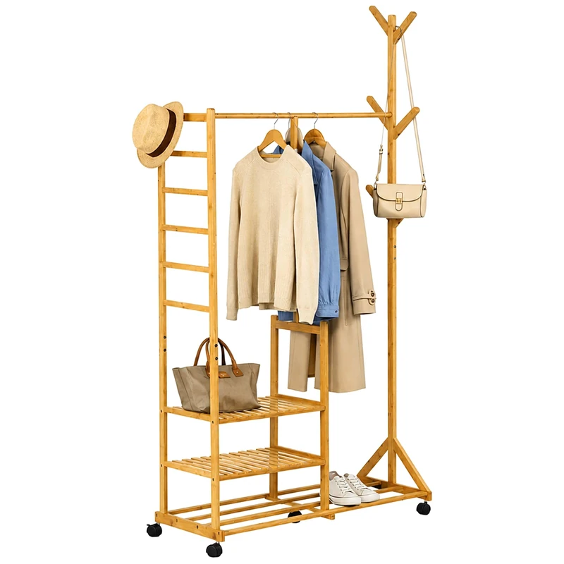 Relaxdays clothes rack with castors, bamboo, 4 shelves, natural